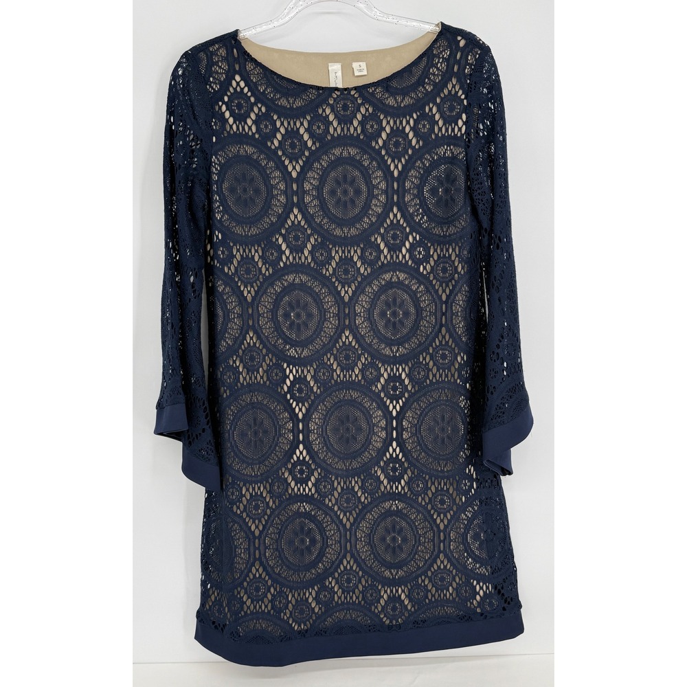 Tacera Navy Blue Medallion Lace Bell Sleeve Shift Dress Sz S